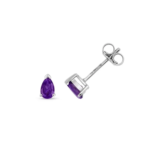 White Gold Amethyst Pear Claw Stud Earrings